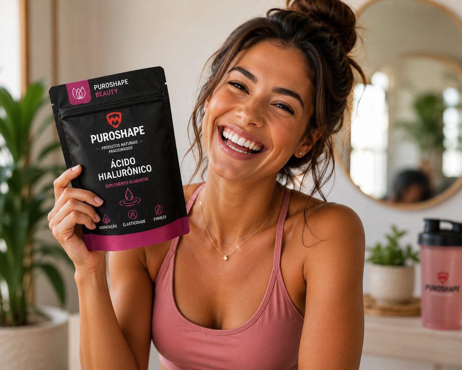 Mujer sonriente sosteniendo el sobre PUROSHAPE Beauty Ácido Hialurónico
